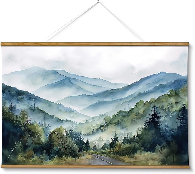 ARPEOTCY Extra Large Vintage Framed Wall Art, 36x54 Inch Watercolor Blue Ridge Mountains Forest Landscape Hanging Framed Canvas Print Art for Living Room Bedroom, Farmhouse Above Bed Wall Decor