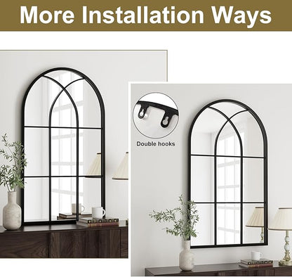 Rowjut Arched Wall Mirror 42" x 24" Window ＆ Wall Decorative Mirror, Iron Framed Window Pane Mirrors, Arched Top Wall Mirror for Entryway Living Room, Bedroom, Fireplace (Black)