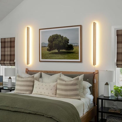 Modern Plug in Long Wall Sconce, 31.4 inch Faux Wood Texture Finish LED Wall Lights, 16W Warm White 3000K Acrylic Indoor Wall lamp, with 59" Plug Cable for Bedroom, Living Room, Hallway