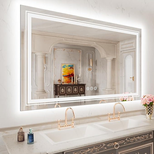 Snowdool LED Mirror for Bathroom, 48"X30" with 8 RGB Backlit +3 Front Lit (Adjustable Individually), Anti-Fog, Large Lighted Bathroom Vanity Mirror for Wall,Shatterproof,Memory Function,Tempered Glass