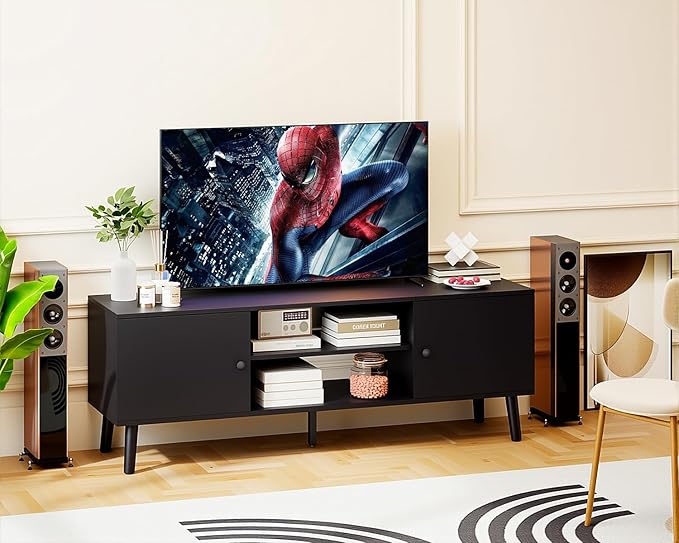FDW TV Stand for 55 60 Inch TVs,Entertainment Center with 2 Storage Cabinets and Open Shelves, Modern Media Console Table for Living Room, Bedroom, Home Office,Black