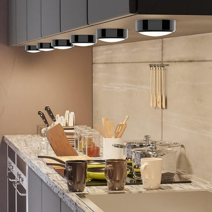 HELPLEX LED Puck Lights with Remote, 12 Pack Color Changing RGBW Stick-On Light, Battery Powered, Dimmable Under Cabinet Lighting with Timer & Memory, Wireless Push Lights for Kitchen & Closet, Black