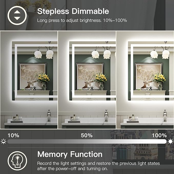 Briivue 48x40 Inch LED Bathroom Mirror with Lights, Backlit & Front Lit, Anti-Fog Lighted Bathroom Vanity Mirror for Wall, Memory Function, Dimmable, HD Tempered Glass, Shatter-Proof