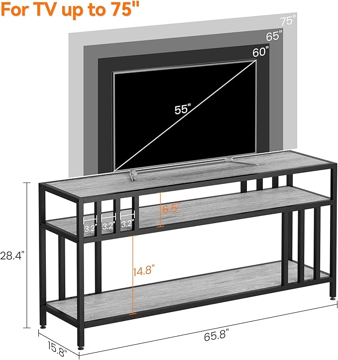 65'' TV Stand for Television up to 75 Inches, Entertainment Center with 3-Tier Open Storage Shelves, TV Media Console Table with Quadruple-Tube Support for Living Room, Grey