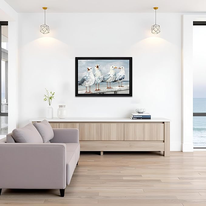 sechars Seabirds Wall Art Coastal Beach Scene with Seagulls Painting Framed Canvas Prints Vintage Farmhouse Decor 16"x24"