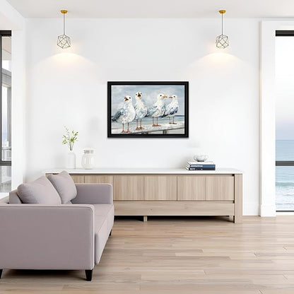 sechars Seabirds Wall Art Coastal Beach Scene with Seagulls Painting Framed Canvas Prints Vintage Farmhouse Decor 16"x24"