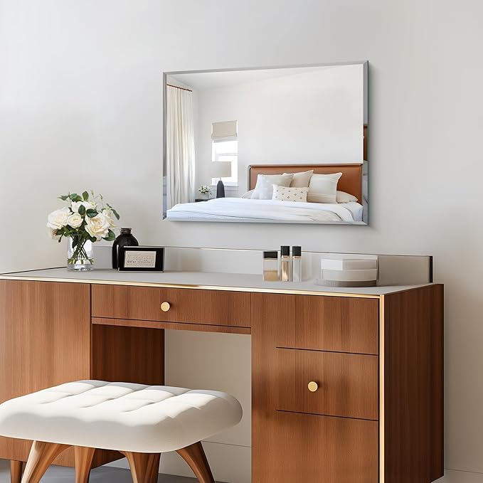 CILIBER Beveled Mirror, 18x24 Frameless Beveled Bathroom Mirrors for Wall, 3mm Tempered Glass Rectangle Vanity Mirror with Beveled Edge, Crystal-Clear, Hangs Horizontally or Vertically