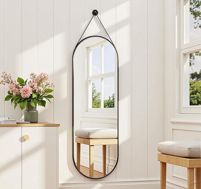 Dewfig 16"x48" Oval Full Length Mirror with Leather Strap Hanging Mirror with Aluminum Frame, Oval Wall-Mounted Mirrors for Living Room Bedroom Entryway Décor, Black