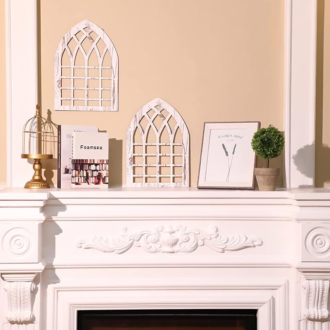 Yulejo 2 Pcs Rustic Window Frame Wall Decor Wooden Farmhouse Wall Decor 15.75'' x 11'' Arched Cathedral Fake Window Home Decorations for Entryway Living Room Bedroom