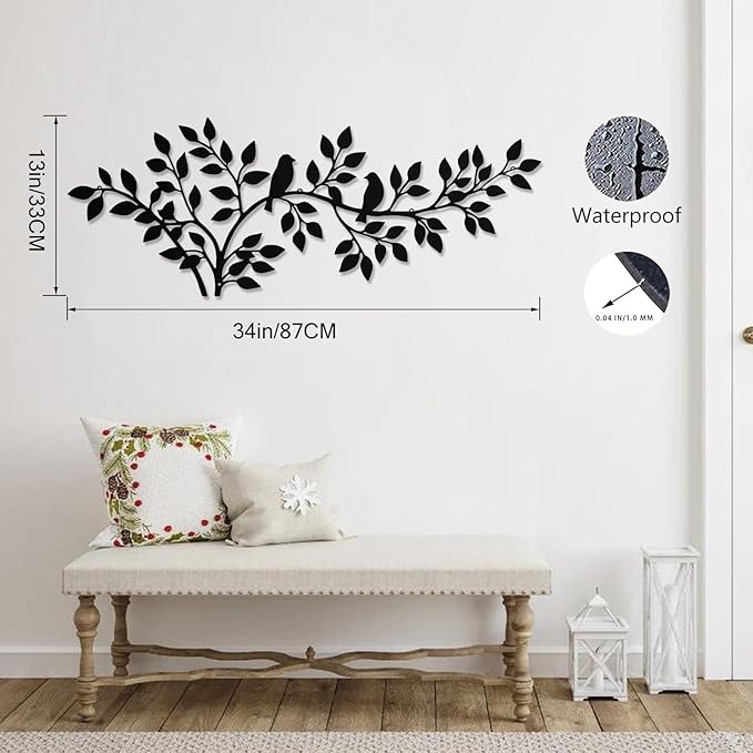 QZGXDECO 34Inch Metal Tree Leaf Birds on Branch Wall Decor Art,Black Vine Olive Branch Leaves with Bird Hanging Wall Sculpture for Home Balcony Living Room Bedroom Hallway Wall Decoration