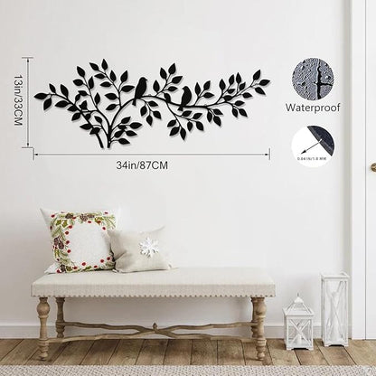 QZGXDECO 34Inch Metal Tree Leaf Birds on Branch Wall Decor Art,Black Vine Olive Branch Leaves with Bird Hanging Wall Sculpture for Home Balcony Living Room Bedroom Hallway Wall Decoration