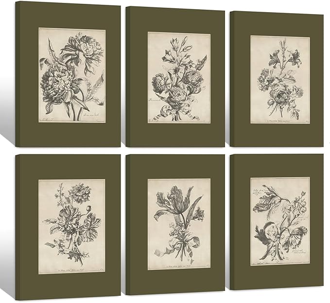 Vintage Floral Wall Art Sketch Flower Prints Antique Botanical Canvas Wall Art Decor Vintage Etchings Floral Poster Green Botanical Painting Sage Green Artwork for Bedroom 8x10x6 Inch Wrapped Canvas