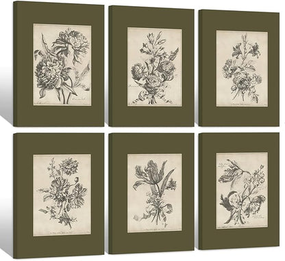Vintage Floral Wall Art Sketch Flower Prints Antique Botanical Canvas Wall Art Decor Vintage Etchings Floral Poster Green Botanical Painting Sage Green Artwork for Bedroom 8x10x6 Inch Wrapped Canvas