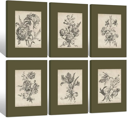 Vintage Floral Wall Art Sketch Flower Prints Antique Botanical Canvas Wall Art Decor Vintage Etchings Floral Poster Green Botanical Painting Sage Green Artwork for Bedroom 8x10x6 Inch Wrapped Canvas