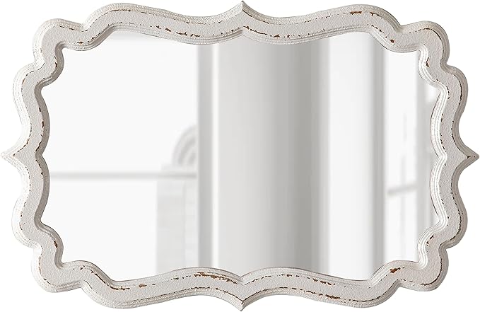 Vintage Scalloped White Mirrors for Wall Decor Living Room 13 X 20 Inches, Distressed Finish Carved Wooden Framed Hanging Makeup Mirror, Bathroom Vanity Mirrors, Horizontal or Vertical