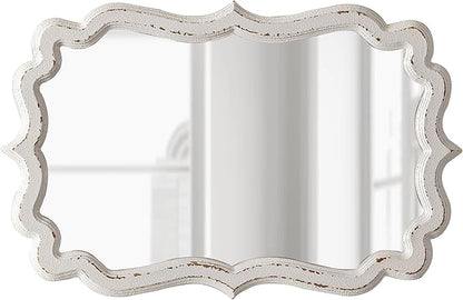 Vintage Scalloped White Mirrors for Wall Decor Living Room 13 X 20 Inches, Distressed Finish Carved Wooden Framed Hanging Makeup Mirror, Bathroom Vanity Mirrors, Horizontal or Vertical