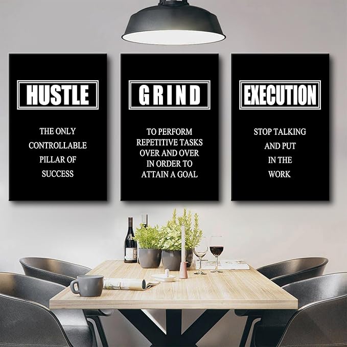 Motivational Wall Art Hustle Grind Execution Poster 3 Pieces Canvas Print Inspirational Quotes Decor Painting Framed for Office Home Living Room Decoration Ready to Hang [48''W x 24''H]
