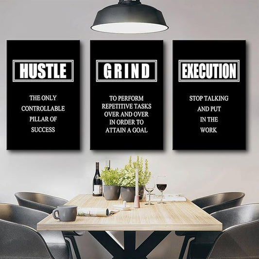 Motivational Wall Art Hustle Grind Execution Poster 3 Pieces Canvas Print Inspirational Quotes Decor Painting Framed for Office Home Living Room Decoration Ready to Hang [48''W x 24''H]