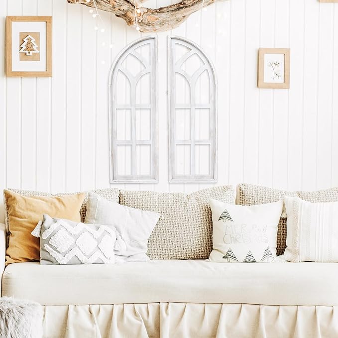 SwallowLiving Set of 2 Cathedral Arch Window Frame Wall Decor - 36" Large Rustic Farmhouse Wood Wall Art - Distressed White Architectural Hanging for Living Room, Entryway & Mantel (NO WREATH)