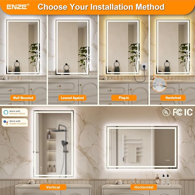 ENZE 24"x40" Smart Lighted Bathroom Mirror for Wall, WiFi App & Voice Control (Alexa/Google), Anti-Fog, 3-Color Dimmable, Built-in Clock, Plug-in/Hardwired Vanity Mirror