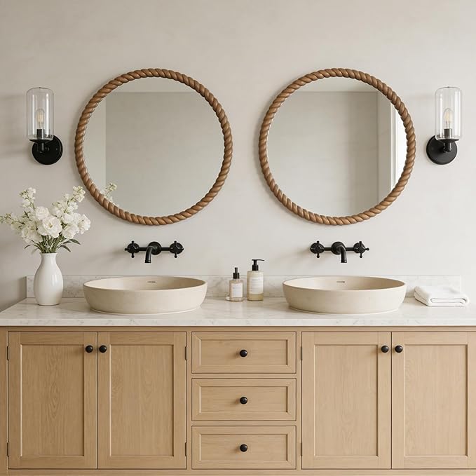 WallBeyond 30" Round Mirror with Rope-Design Frame, Large Circle Wall Mirror for Bathroom, Bedroom, Entryway & Living Room, Natural