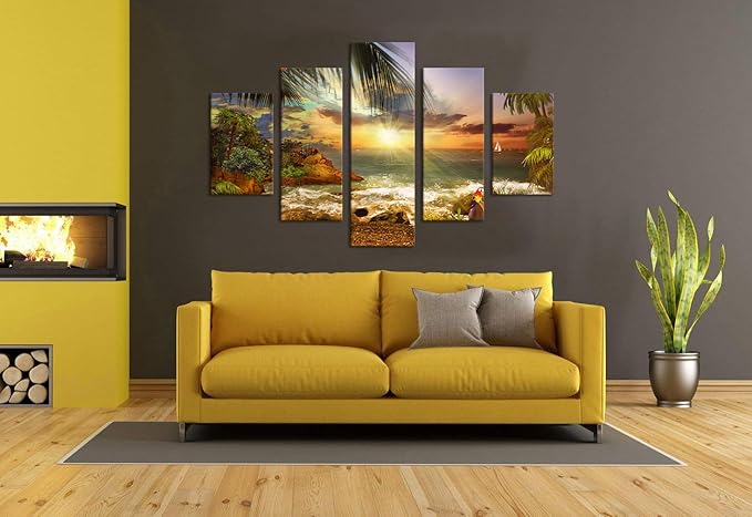 Yatsen Bridge Beautiful Beach Waves Palm Sunset Landscape Modern Pictures Painting on Canvas 5 Panels Combination Enlarge Set for Wall Art Living Room Home Decor Framed Stretched (60''W x 40''H)