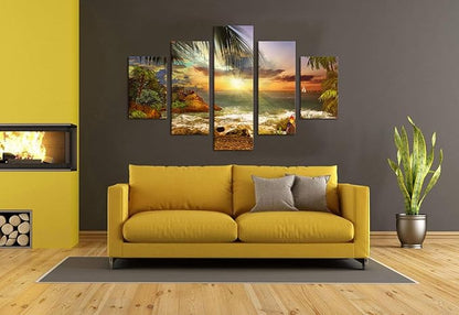 Yatsen Bridge Beautiful Beach Waves Palm Sunset Landscape Modern Pictures Painting on Canvas 5 Panels Combination Enlarge Set for Wall Art Living Room Home Decor Framed Stretched (60''W x 40''H)