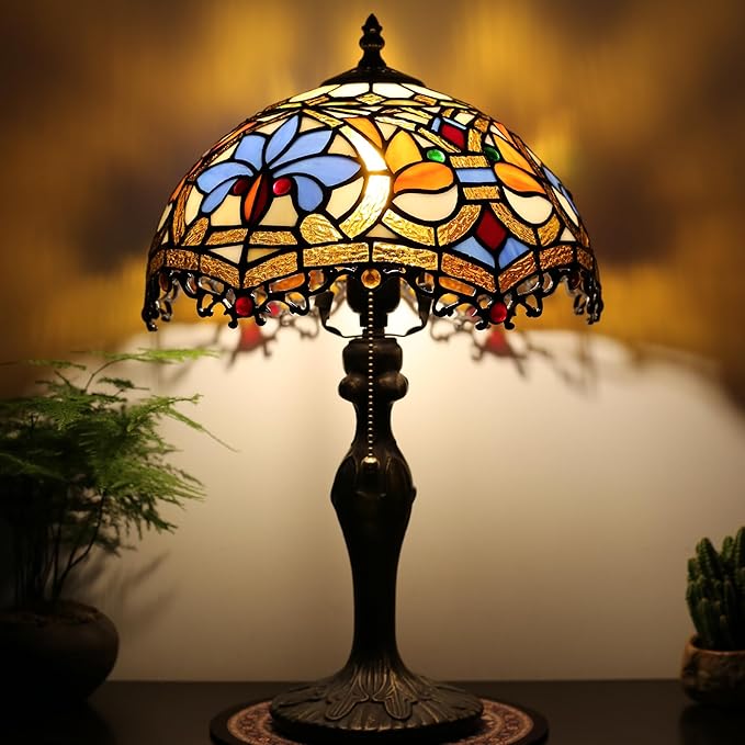 Tiffany Lamp Stained Glass Table Lamp 12 x 19” Yellow Phoenix Tail Style Bedside Reading Lamp Decorative Lamp for Desk Living Room Bedroom Office Study Light Home Decor Gift