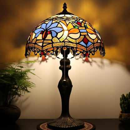 Tiffany Lamp Stained Glass Table Lamp 12 x 19” Yellow Phoenix Tail Style Bedside Reading Lamp Decorative Lamp for Desk Living Room Bedroom Office Study Light Home Decor Gift
