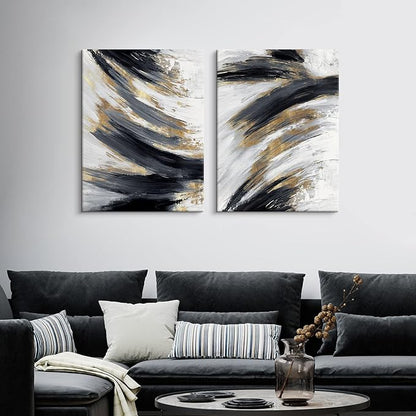 Chadow Artwork 2 pieces Black and Gold Abstract Wall Art 2 Pack Black and White Canvas Wall Decor Modern Framed Artwork for Living Room Bedroom Office Décor Ready to Hang 12"x16"(30cmx40cm)