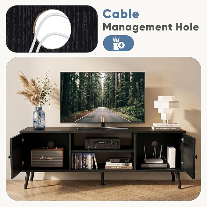 DUMOS TV Stand for 55 60 inch TV, Modern Mid Century Entertainment Center with Storage, Wooden Media Console Table with 2 Cabinets, for Living Room, Bedroom, Black