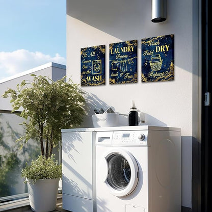 sechars Laundry Room Wall Art Wash Dry Fold Laundry Sign Painting Canvas Prints Blue and Gold Bathroom Laundry Decor (Blue)