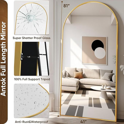 Antok Arched Full Length Mirror, 81"x41" Gold Metal Frame Floor Mirror for Bedroom Living Room, Freestanding/Wall Mount/Leaning