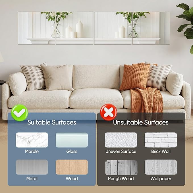 DUMOS 4 Pack Wall Mirror Tiles, Hallway Mirror 14"x12" HD Glass Sheets, Square Mirrors for Wall for Bathroom Living Room Home Gym