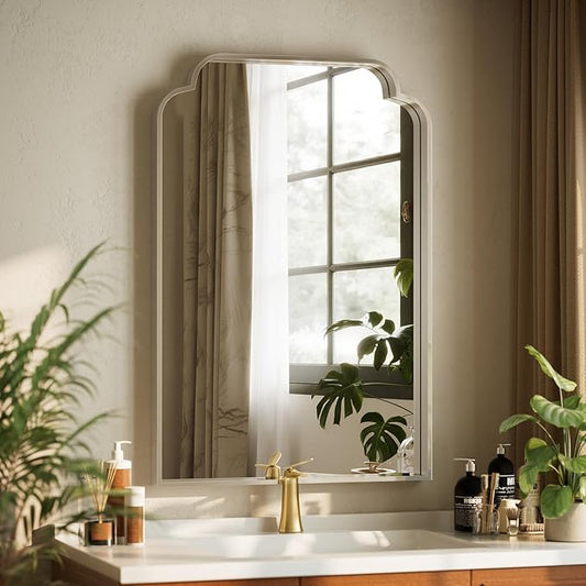 GLSLAND 20"x30" Petal Arch Bathroom Mirror – Modern Metal Frame Vanity Mirror with Scalloped Edge for Over Sink, Bedroom, Living Room, Entryway, Non-Rusting Decorative Wall Mirror, Silver