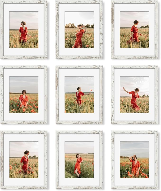 YESKAY 11x14 Picture Frame Set of 9, Photo Gallery Wall Frame Set Display Pictures 8x10 with Mat or 11 x 14 Without Mat, Multi Photo Frames for Wall Mounting or Table Top Display, Distressed White