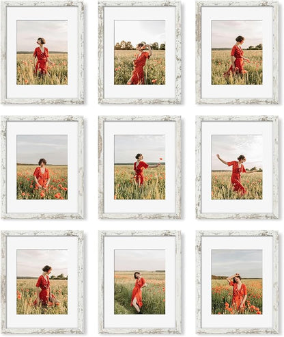YESKAY 11x14 Picture Frame Set of 9, Photo Gallery Wall Frame Set Display Pictures 8x10 with Mat or 11 x 14 Without Mat, Multi Photo Frames for Wall Mounting or Table Top Display, Distressed White