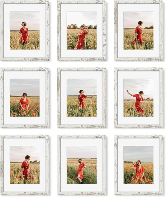 YESKAY 11x14 Picture Frame Set of 9, Photo Gallery Wall Frame Set Display Pictures 8x10 with Mat or 11 x 14 Without Mat, Multi Photo Frames for Wall Mounting or Table Top Display, Distressed White