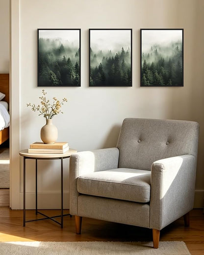 PHOPAGO Green Fog Pine Tree Framed Wall Art Nature Misty Nordic Forests Artwork Morden Paints for Kitchen Hallway Decor - 11x14in Black Framed