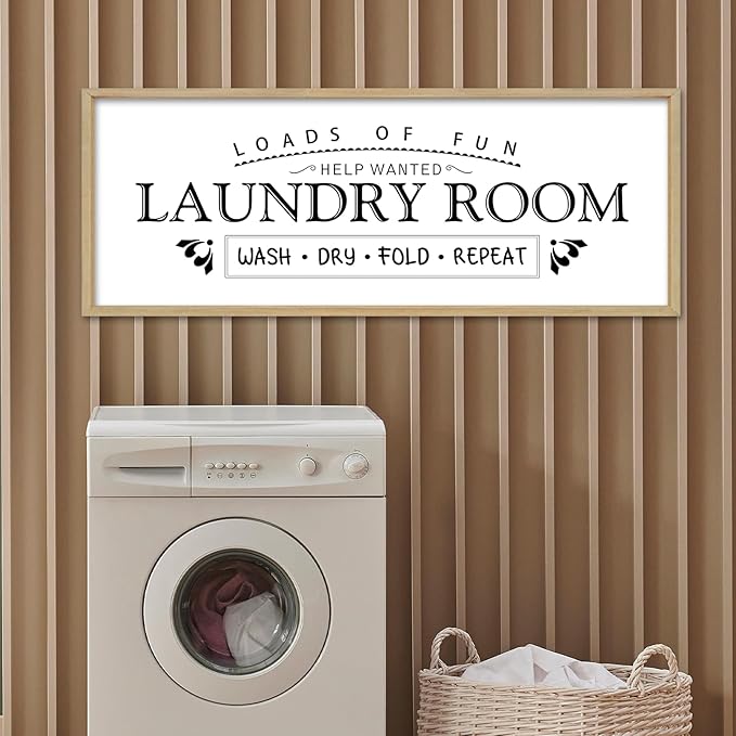 Wash Dry Fold Repeat Wall Decor Art 32"X12" Laundry Room Sign Bathroom Laundry Rules Large Wood Framed Wall Hanging (Wood)