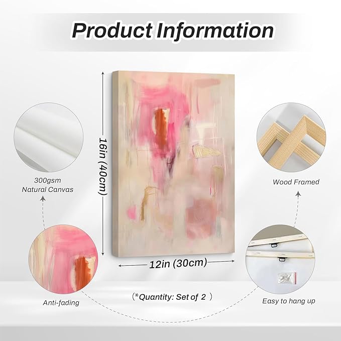 Tocliky Abstract Wall Art Neutral Modern Canvas Painting Decor Pink Beige Minimalist Wall Art Contemporary Abstract Poster Artwork for Living Room Bedroom 12x16 Inch Wrapped Canvas Set of 2