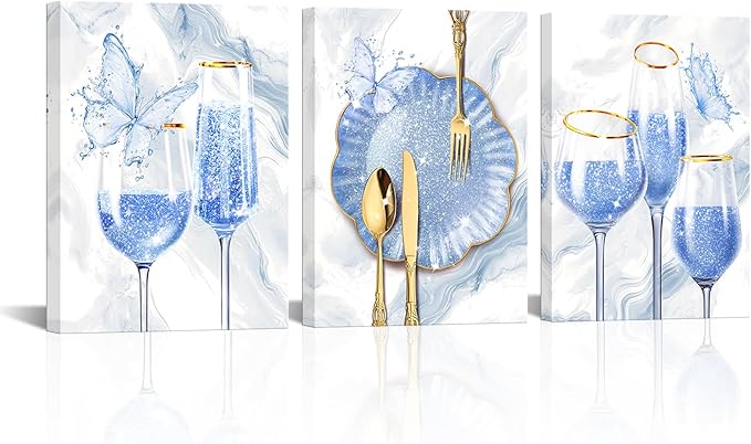 sechars 3 Pieces Set Kitchen Wall Decor Pink Wine Glass Wall Art Gold Utensils Canvas Prints Modern Dining Room Pictures (Blue)