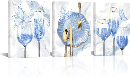 sechars 3 Pieces Set Kitchen Wall Decor Pink Wine Glass Wall Art Gold Utensils Canvas Prints Modern Dining Room Pictures (Blue)