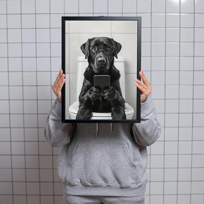 Black and White Bathroom Wall Art, Funny Labrador Dog Canvas Prints Poster, Cute Animal Sitting on Toilet Looking at Phone Picture, Modern Farmhouse Restroom Bathroom Home Wall Decor 16x24 Inch Framed