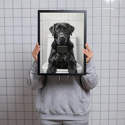 Black and White Bathroom Wall Art, Funny Labrador Dog Canvas Prints Poster, Cute Animal Sitting on Toilet Looking at Phone Picture, Modern Farmhouse Restroom Bathroom Home Wall Decor 16x24 Inch Framed