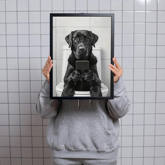 Black and White Bathroom Wall Art, Funny Labrador Dog Canvas Prints Poster, Cute Animal Sitting on Toilet Looking at Phone Picture, Modern Farmhouse Restroom Bathroom Home Wall Decor 16x24 Inch Framed