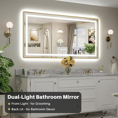 72x36 Inch LED Bathroom Mirror with Gold Frame, Backlit & Front Lit, Anti-Fog Lighted Bathroom Vanity Mirror for Wall, Memory Function, Dimmable, HD Tempered Glass, Shatter-Proof