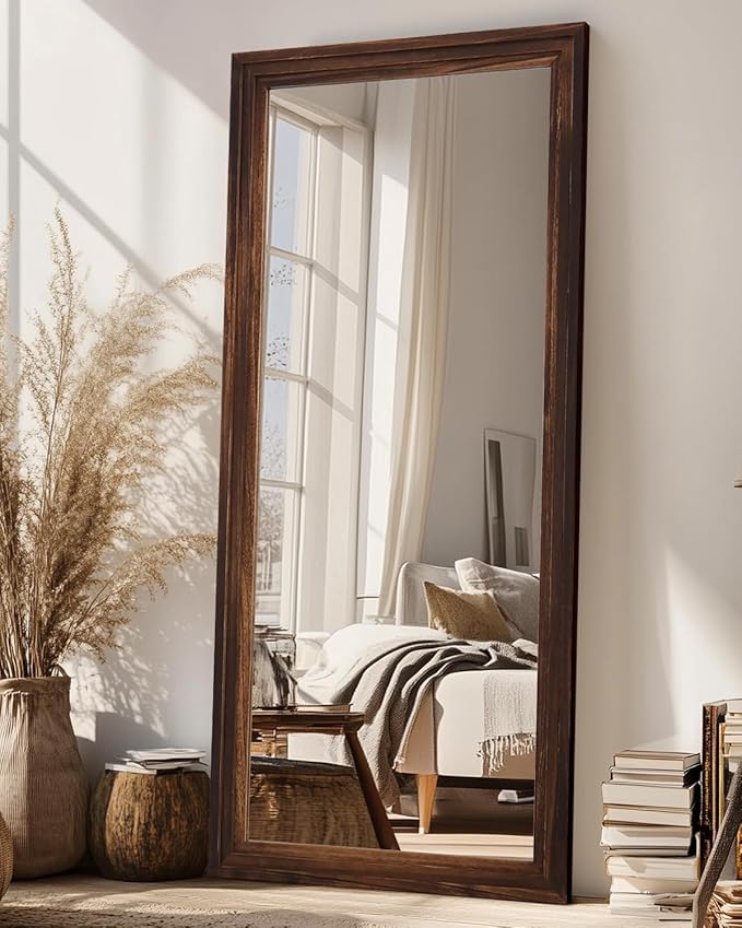 Full Length Mirror, 71"x32" Wooden Mirror Full Length with Stand Wood Floor Mirror, Oversized Stand Up Mirrors Large Wall Mirrors, Wall Mounted Mirrors, Rect Wood Style, Walnut