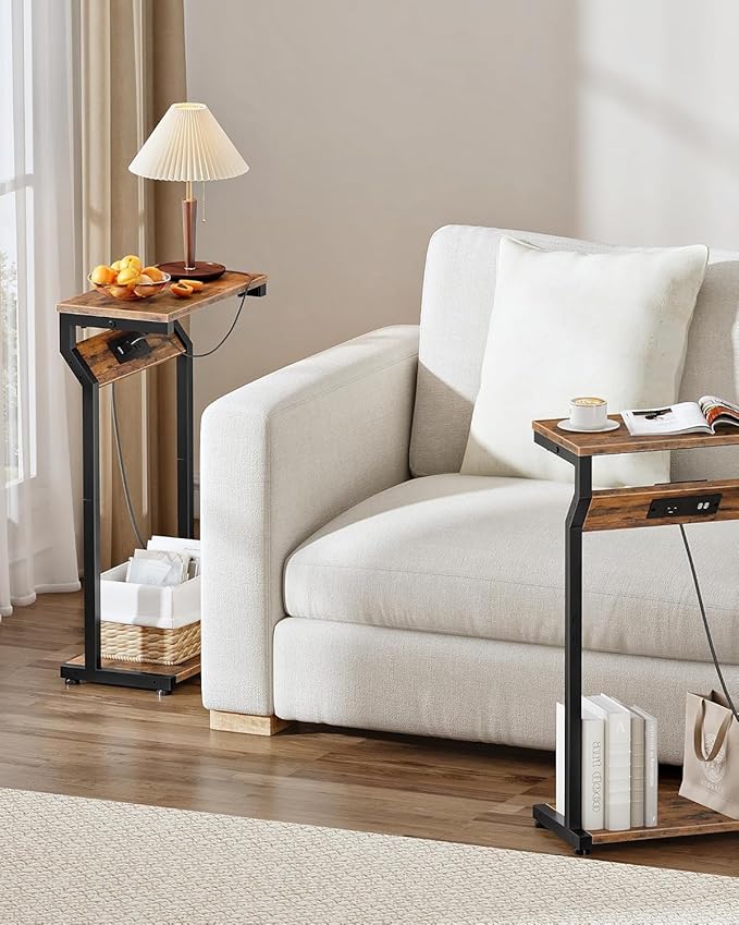 CHOEZON Narrow Side Table with Charging Station, 27" Skinny End Table for Small Spaces, Couch Table with Storage, Slim Tray Table with USB Ports, for Living Room, Bedroom, Black TBZ27UBB