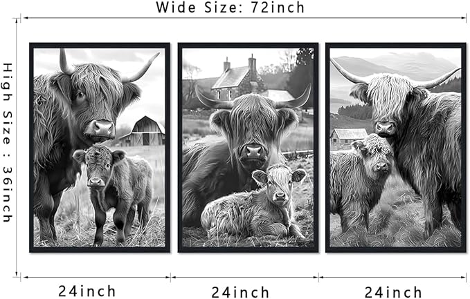 Vintage Scottish Cow Family Canvas Wall Art Rustic Highland Cow & Calf Poster Wall Decor Black White Western Farm Animals Artwork for Apartment Bedroom Country Decoration 24x36inchx3pcs,Framed